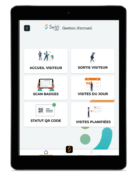 Un smartphone affichant l'application Swizi avec ses différentes icônes de services
